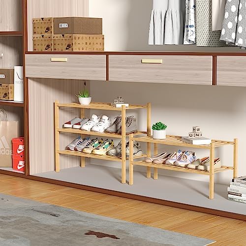 ROMGUAR CRAFT 3 Tier Bamboo Shoe Rack for Closet Free Standing Wood Shoe Shelf Storage