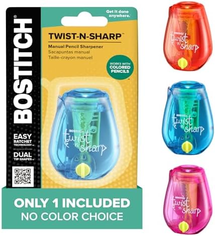Bostitch Office Pencil Sharpener, Manual, One Assorted Color, Twist-n-Sharp, Kids, Boys