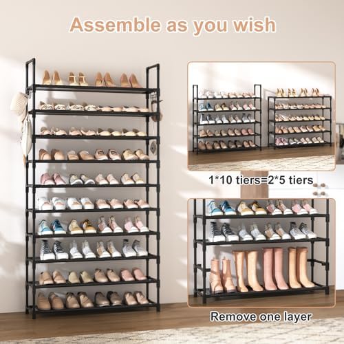 VTRIN 10 Tier Shoe Rack Tall Large Capacity Wide Shoe Organizer with Two Hooks Sturdy