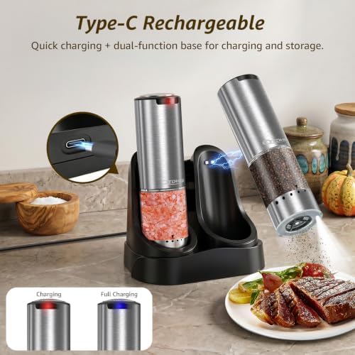 Electric Salt and Pepper Grinder Set Type-C Charging, 6 Levels, LED Light