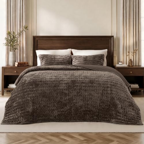 Bedsure Velvet Quilt Set King Size, Luxury Brown Bedding, King Bedspread