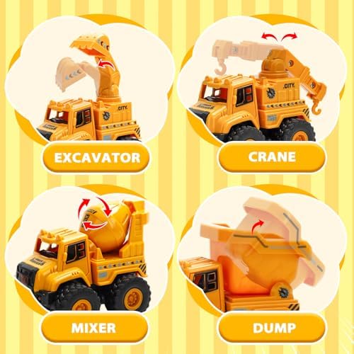Construction Truck Toys for Toddlers 1-3, Push and Go Toy Vehicles Set with Mixer