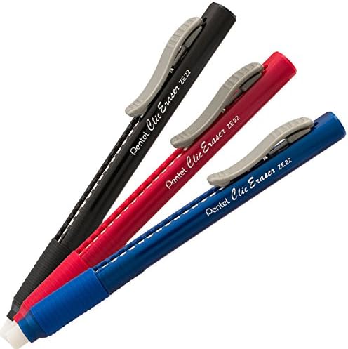 Pentel Clic Retractable Eraser with Grip, Assorted Barrel Colors (ZE21BP3M) (Pack of 3)