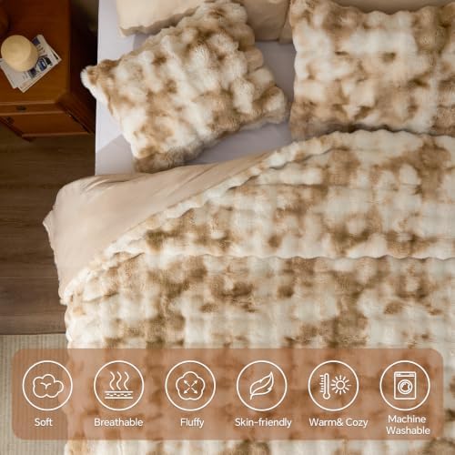BEDELITE Tie Dye Faux Fur Comforter Set Queen,Thick Winter Comforter,Beige
