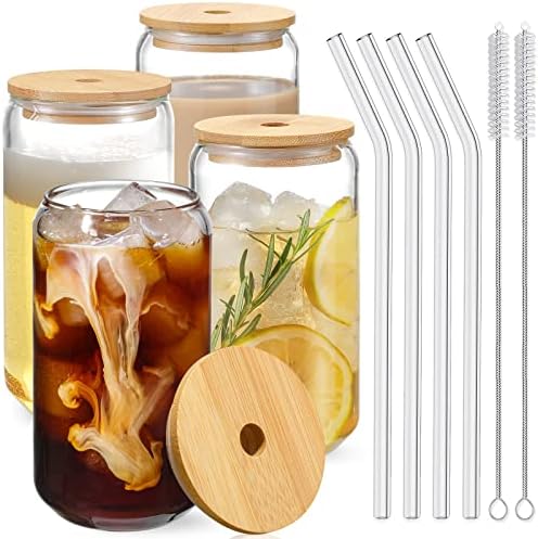Drinking Glasses with Bamboo Lids and Glass Straw 4pcs Set - 16oz Glass Cups