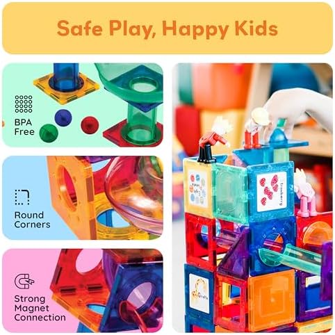PicassoTiles 70 Piece Marble Run Magnetic Tiles Race Track STEM Ages 3+