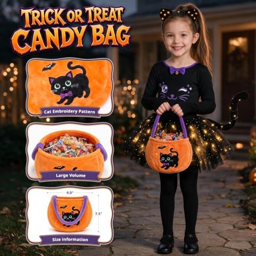 Halloween Black Cat Costume for Girls Kids, Light Up Outfit Set