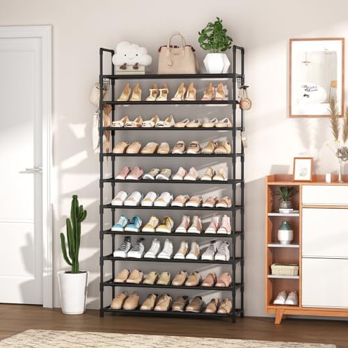 VTRIN 10 Tier Shoe Rack Tall Large Capacity Wide Shoe Organizer with Two Hooks Sturdy