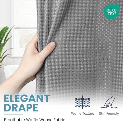 Ringless Waffle Shower Curtain with Snap in Liner Set, 71x74, Grey