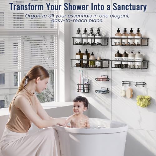 8 Pack Adhesive Bathroom Holders & Dispensers for Kids & Adults, Black
