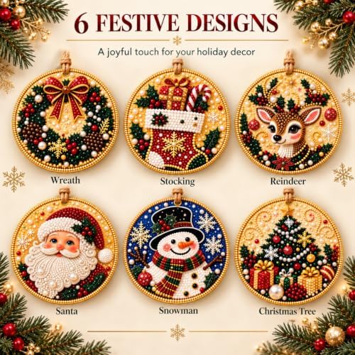 6 PCS DIY Pearl Diamond Art Kits for Adults, Wooden Christmas Ornaments