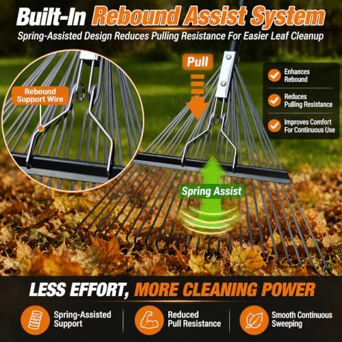 Rake for Leaves,24-Tine High-Resilience Steel-Toothed Extra-Wide Leaf Rake
