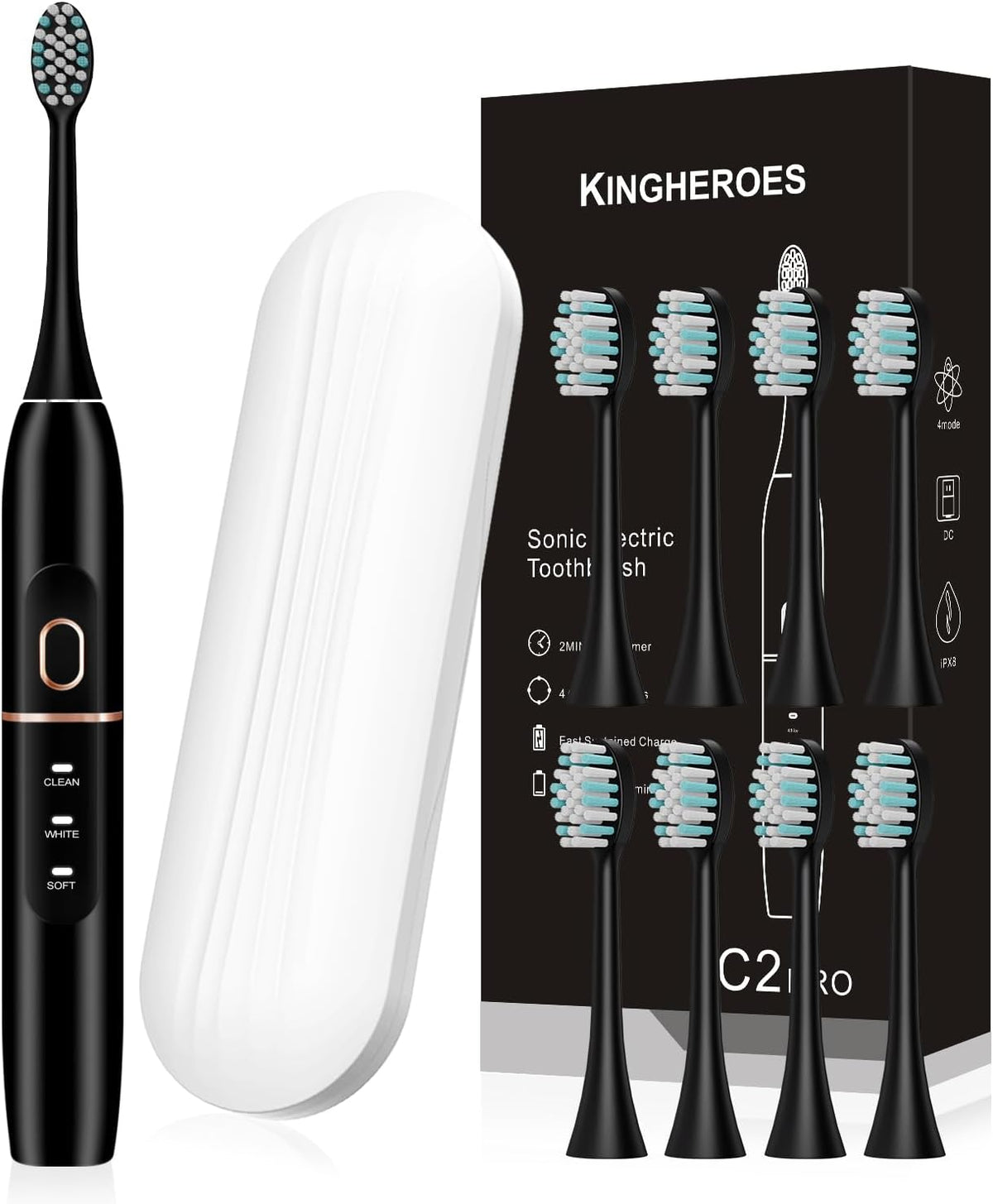 kingheroes Electric Toothbrush Set, Comes with 8 Brush Heads & Travel Case,4