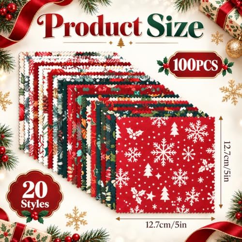 100 Pcs Christmas Fabric Squares 5 x 5 Inch 20 Unique Vintage Holiday Print