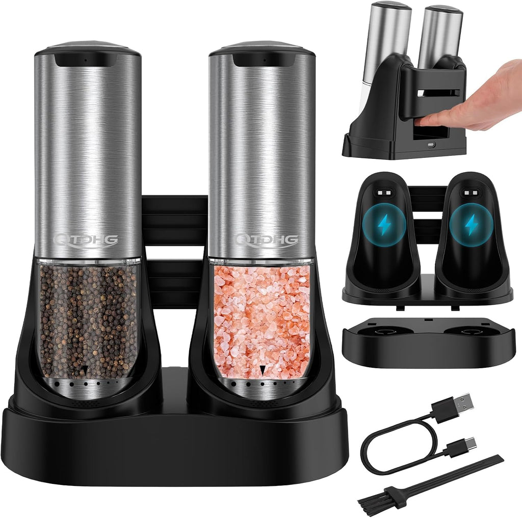 Electric Salt and Pepper Grinder Set Type-C Charging, 6 Levels, LED Light