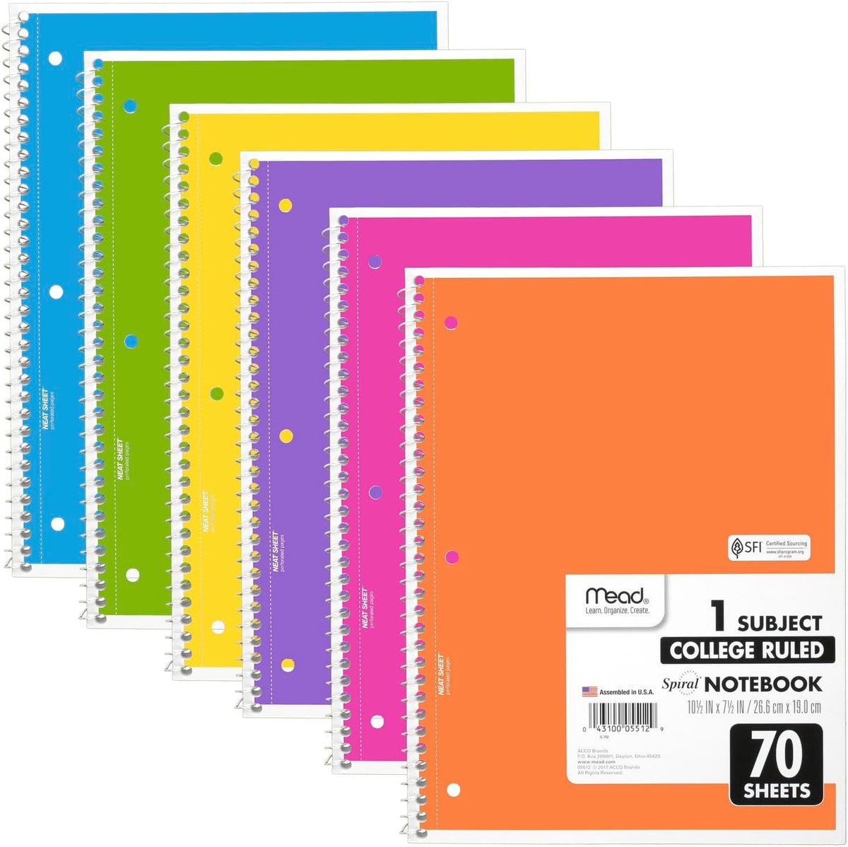 Mead Spiral Notebook, 6 Pack, 1 Subject, College Ruled Paper, 7-1/2" x 10-1/2"