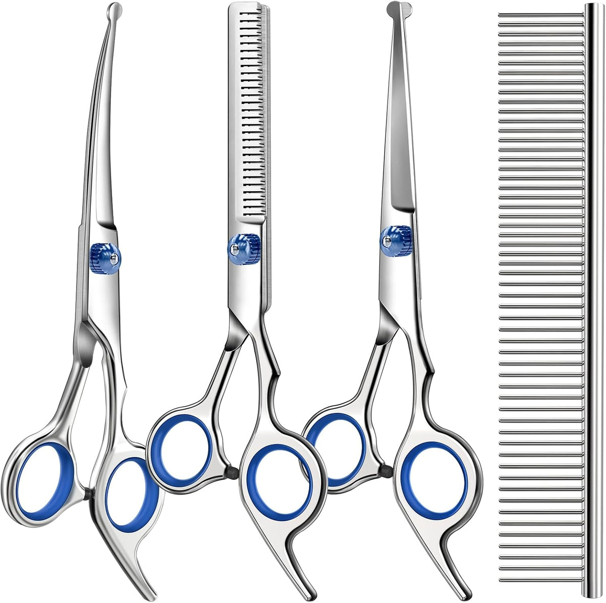 Professional 4 in 1 Dog & Cat Grooming Scissors Kit with Safety Round Tips - dog and cat grooming scissors