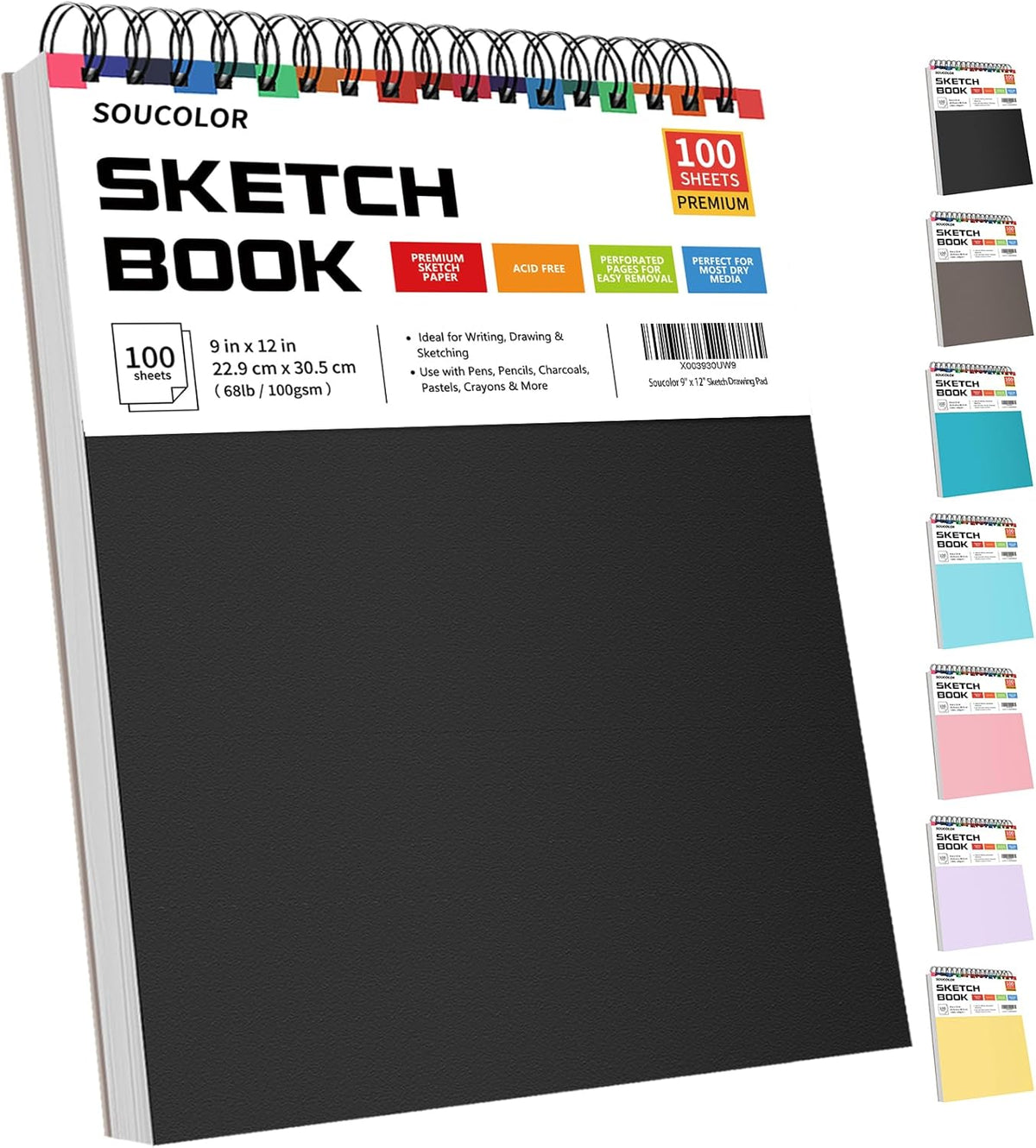 Soucolor 9" x 12" Sketch Book, 100 Sheets Top Spiral Bound Sketchbook with