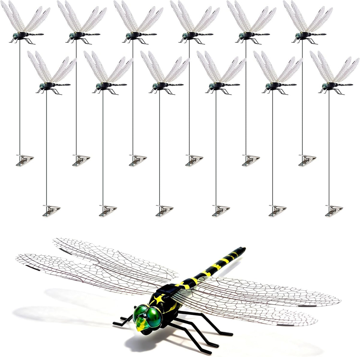 12 Pack 3D Dragonfly Clips, Fake Dragonflies with Stakes, Realistic Plastic