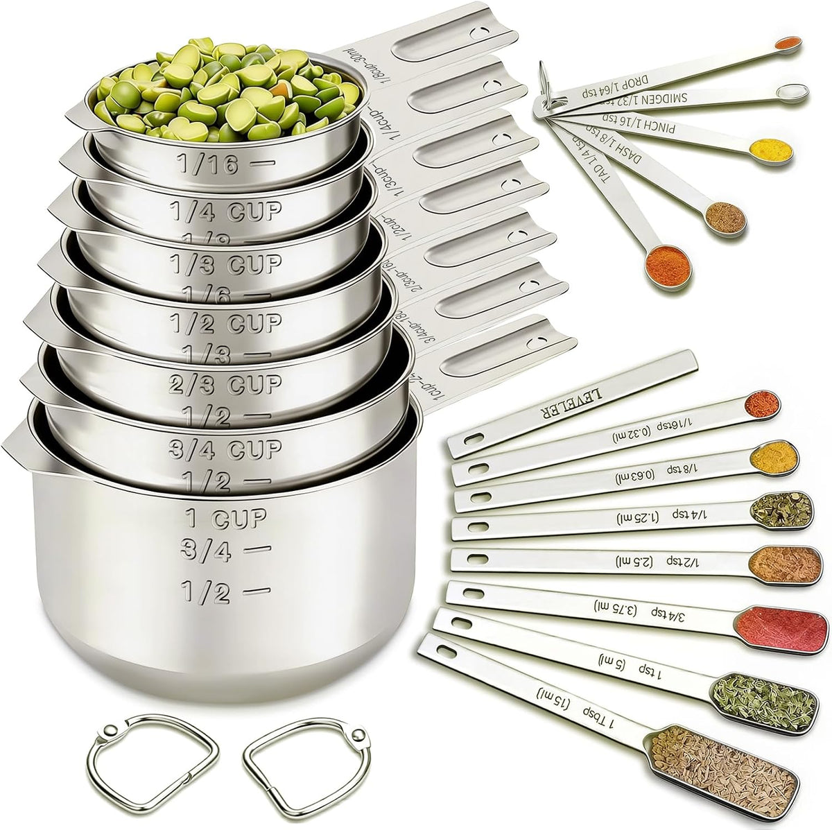 EWFEN Measuring Cups and Spoons Set, 7 Stainless Steel Nesting Measuring Cups & 7 Spoons