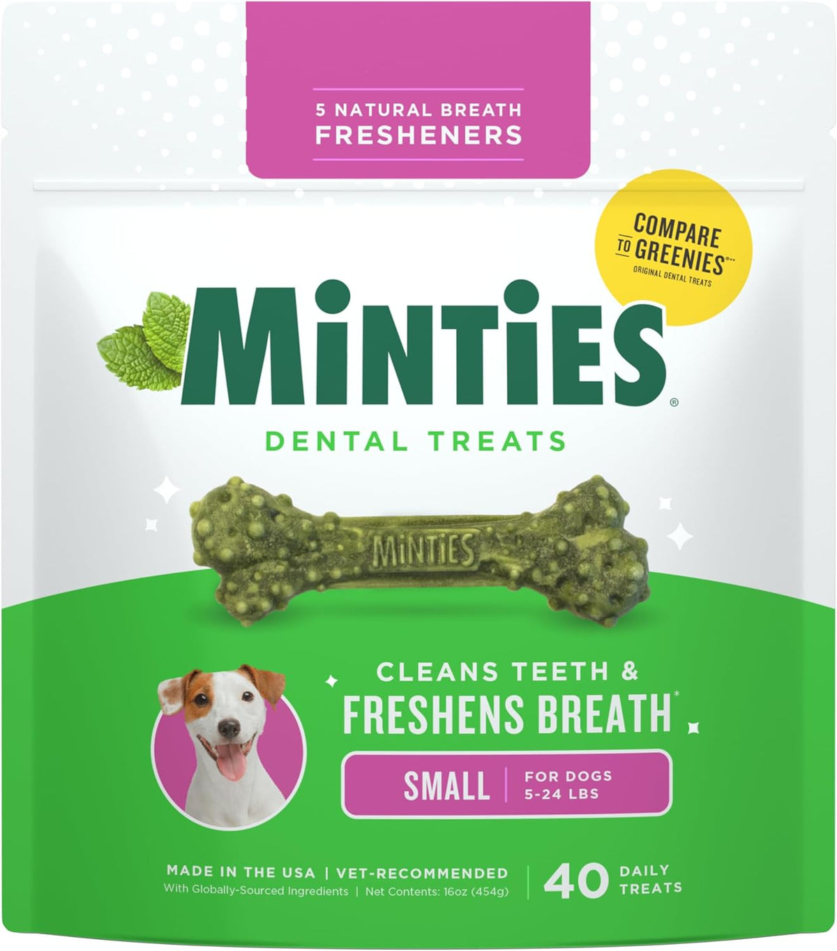 Minties Dog Dental Bone Treats, Tiny/Small Dental Dog Treats, 16 Ounces