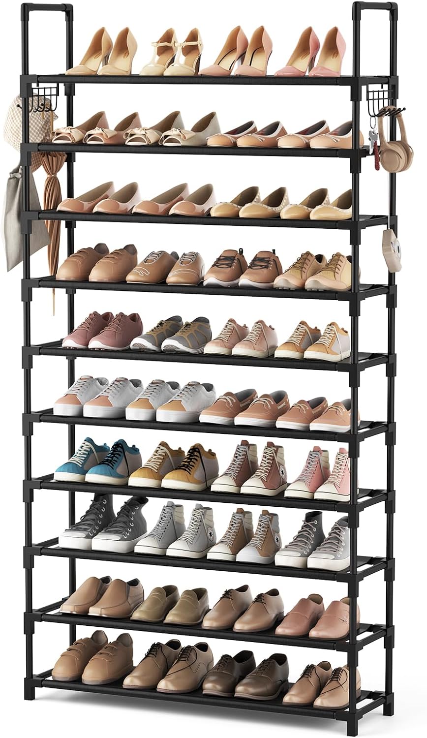 VTRIN 10 Tier Shoe Rack Tall Large Capacity Wide Shoe Organizer with Two Hooks Sturdy