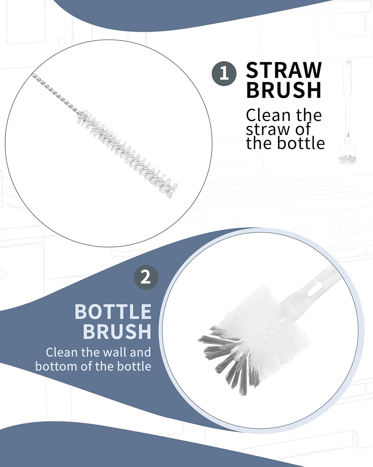 ROSEOK 2 in 1 Long Handle Bottle Brush with Straw Brush for Cleaning Glass