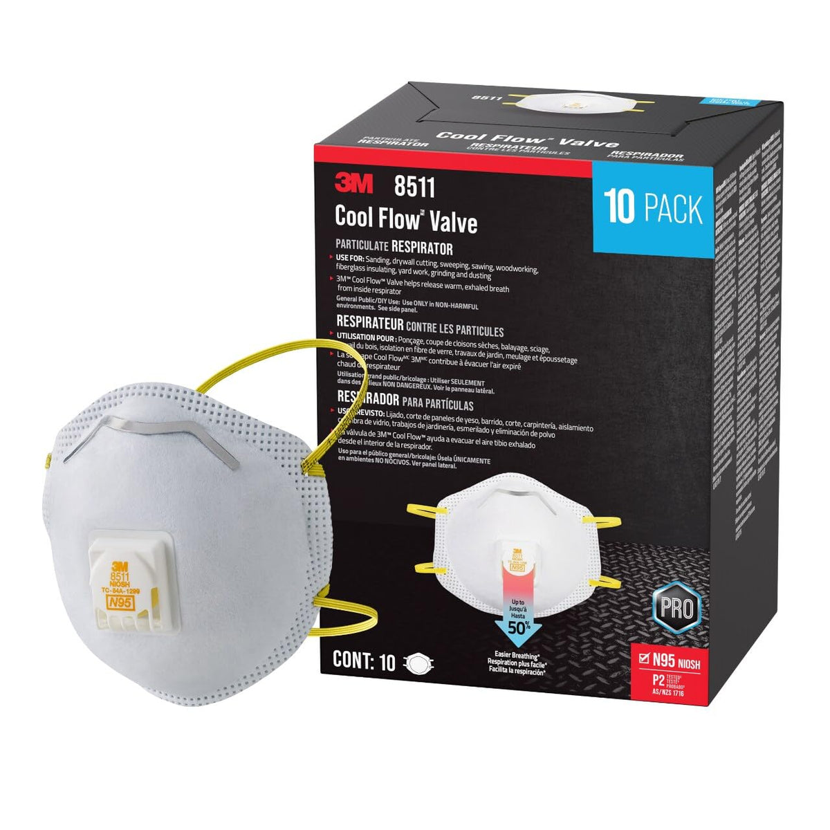 3M N95 Respirator 8511, Cool Flow Valve, 10 Pack, NIOSH-APPROVED, Advanced