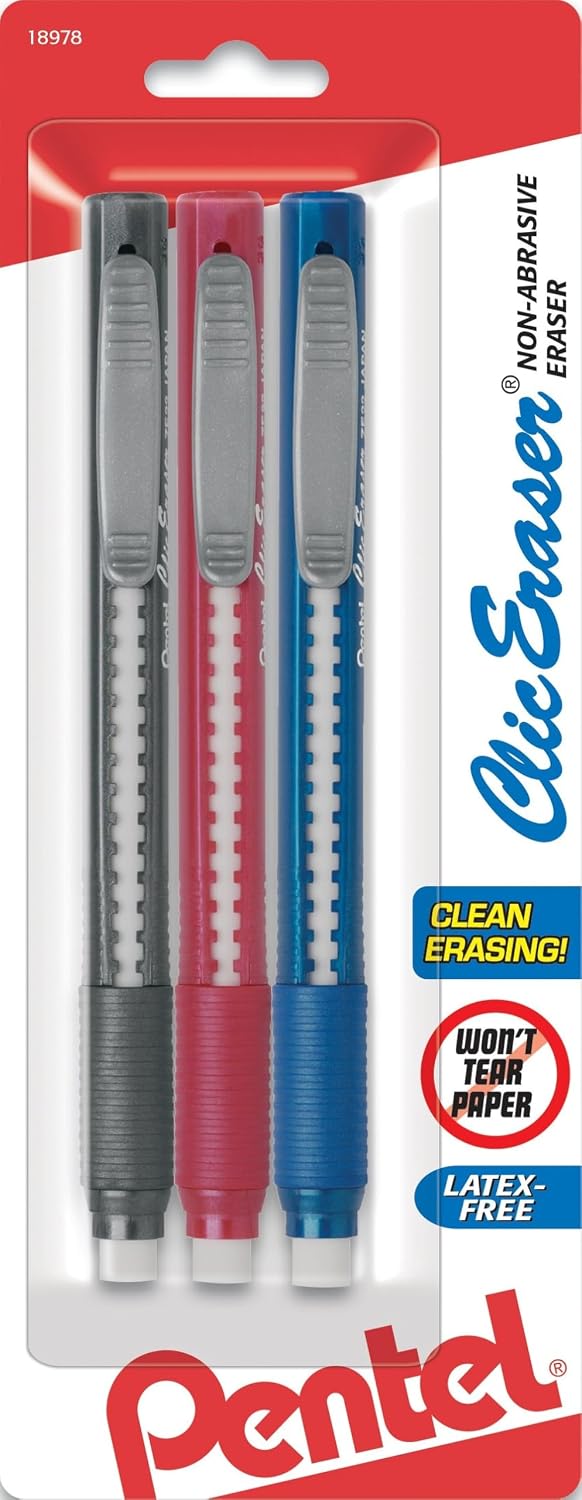 Pentel Clic Retractable Eraser with Grip, Assorted Barrel Colors - pentel clic retractable eraser with grip assorted