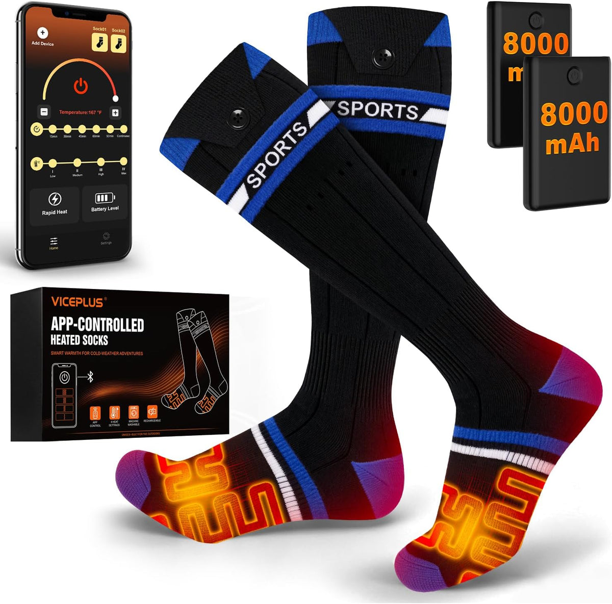 Heated Socks for Men & Women, 16000mAh - washable rechargeable heated socks for men & women