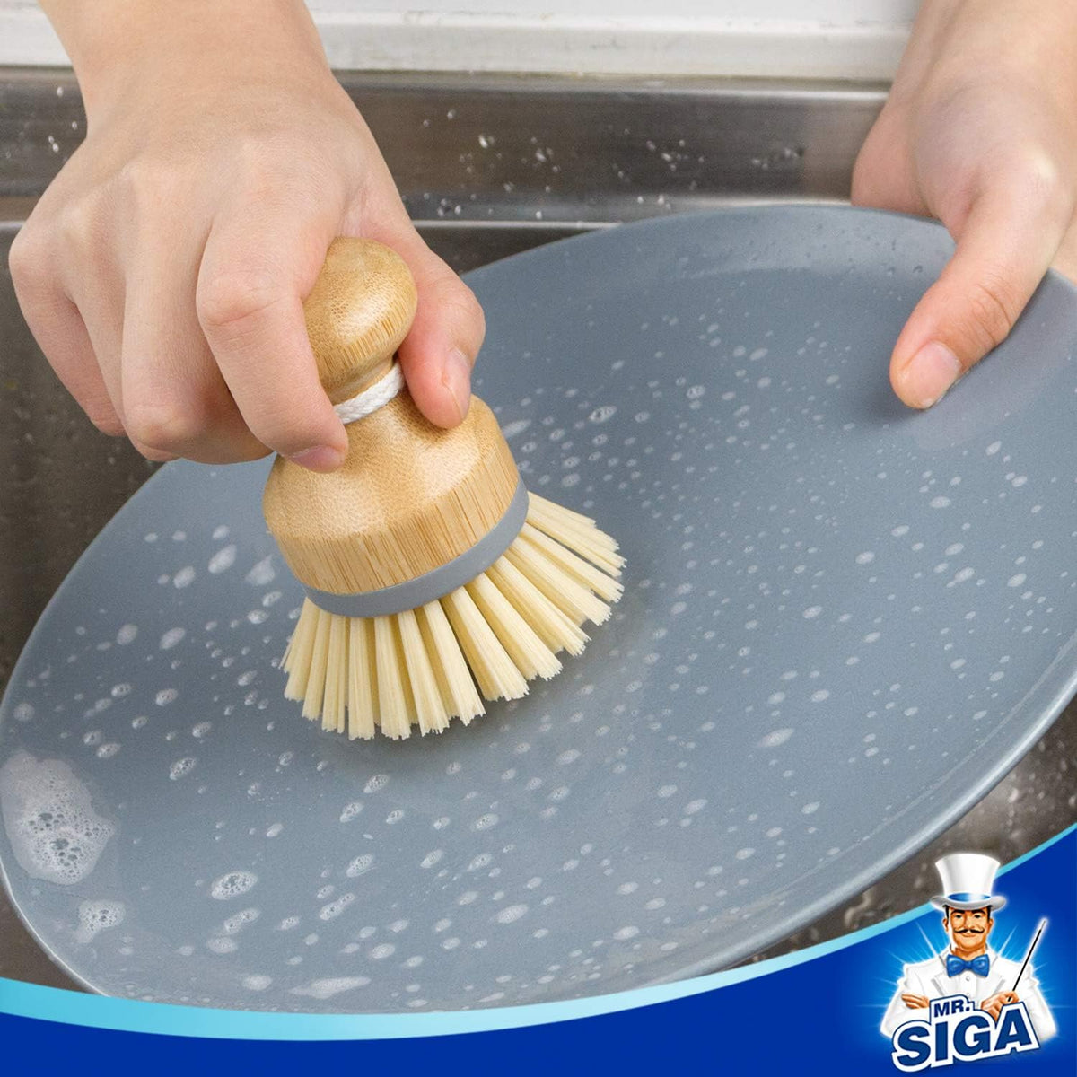 MR.SIGA Bamboo Palm Brush, Scrub Brush for Dishes Pots Pans Kitchen Sink