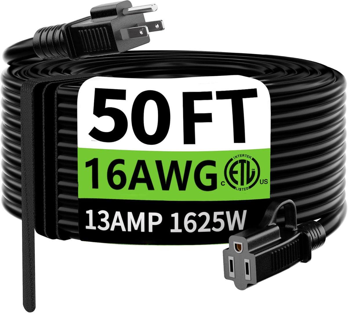HUANCHAIN Indoor Outdoor Black Extension Cord 50 FT Waterproof 16/3 Gauge