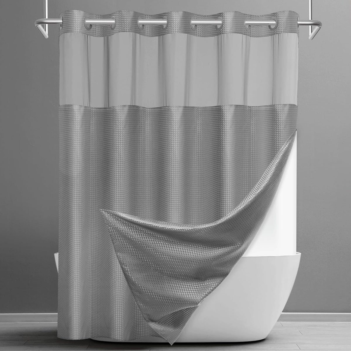 Ringless Waffle Shower Curtain with Snap in Liner Set, 71x74, Grey