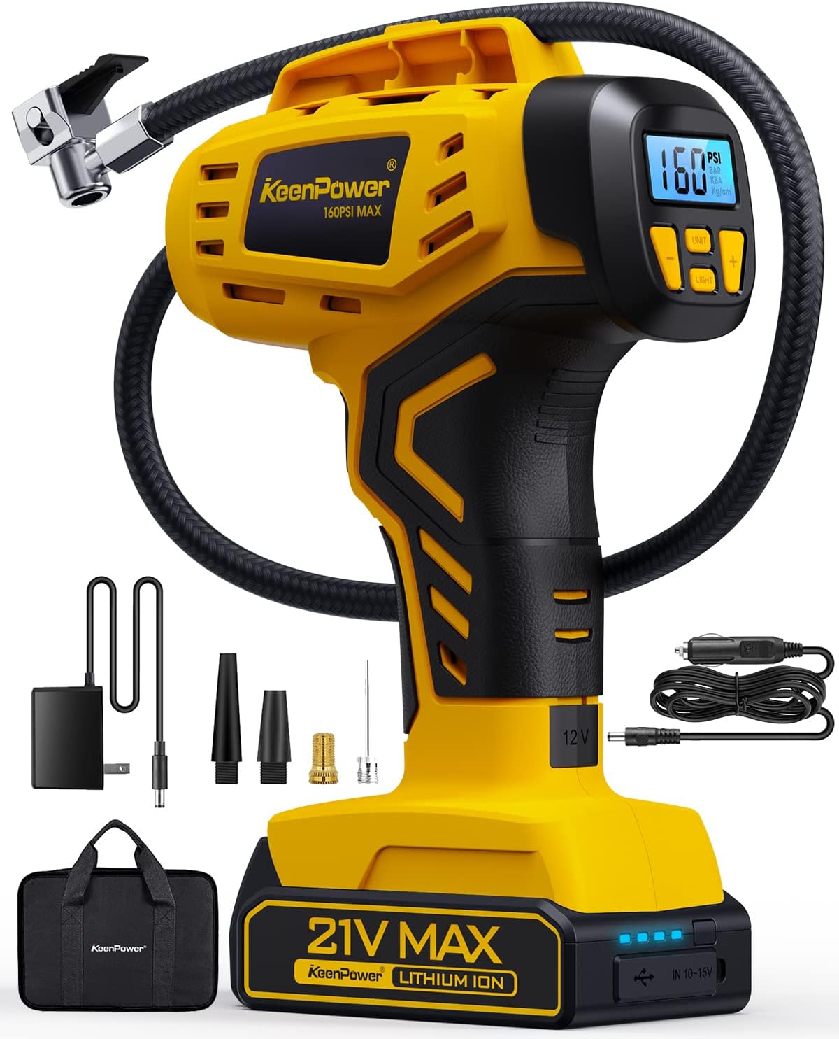 Tire Inflator Portable Air Compressor 21V Battery Powered 160PSI