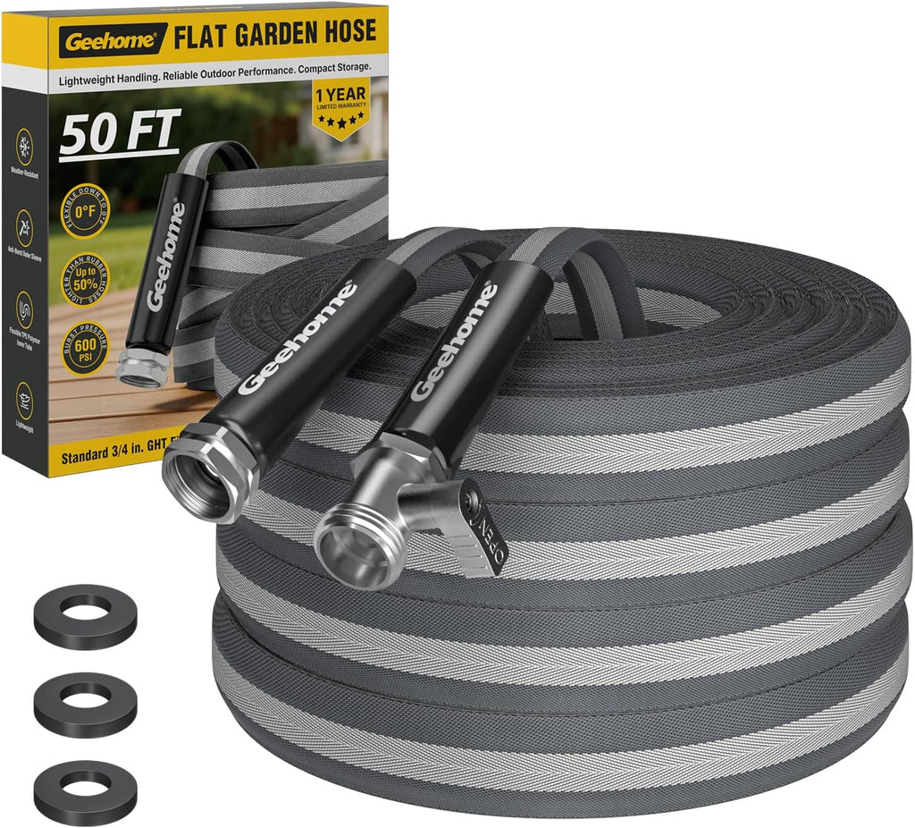 Lightweight Flat Garden Hose 50FT, Flexible Water Hose with Shutoff Valve, TPE Inner Tube