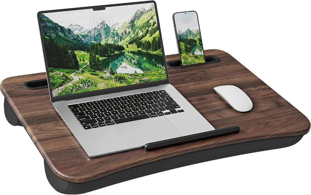 SONGMICS Laptop Lap Desk with Cushion, Brown PVC Leather, Fits 15.6" Laptop - portable laptop desk cushion