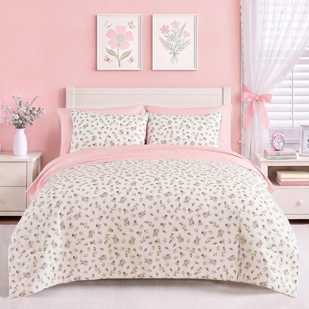 Full Size Comforter Set for Girls Floral Cottagecore 7 Pieces Bed in a Bag