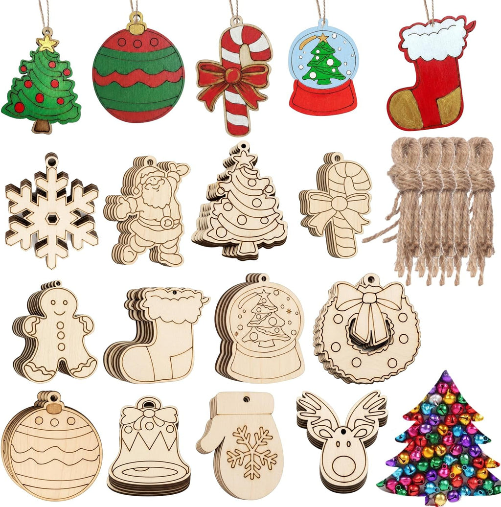 60pcs Wooden Christmas Ornaments Kit to Paint for Decoration DIY Crafts