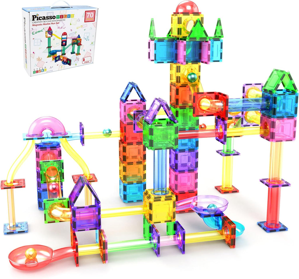 PicassoTiles 70 Piece Marble Run Magnetic Tiles Race Track STEM Ages 3+