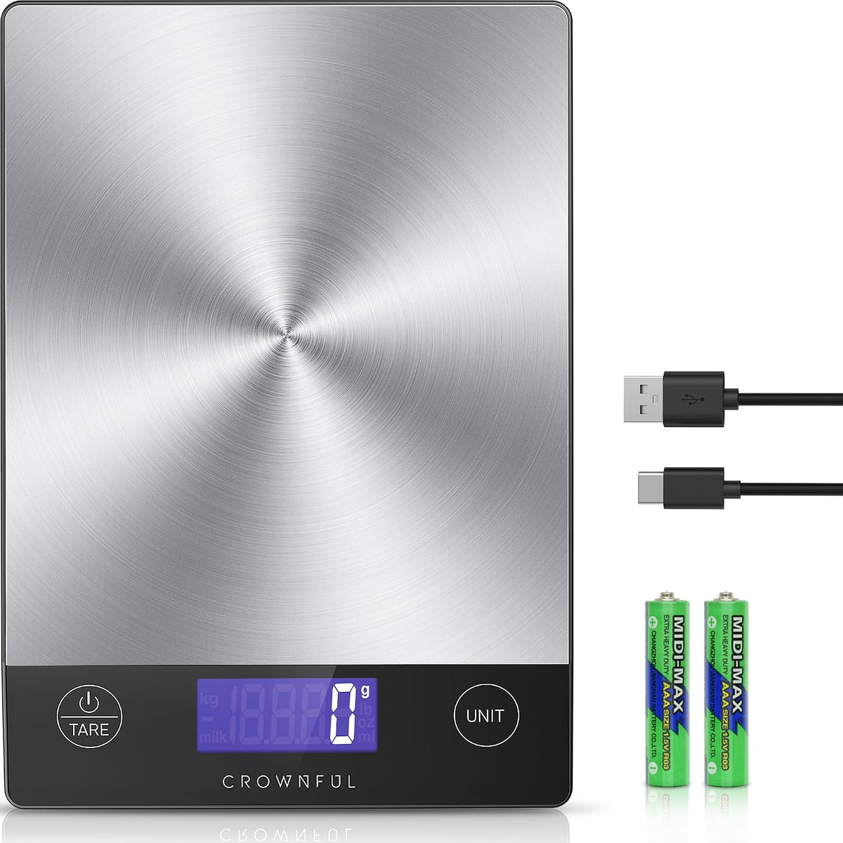 CROWNFUL Food Scale, 33lb Rechargeable 304 Stainless Steel Digital Kitchen Scale Weight