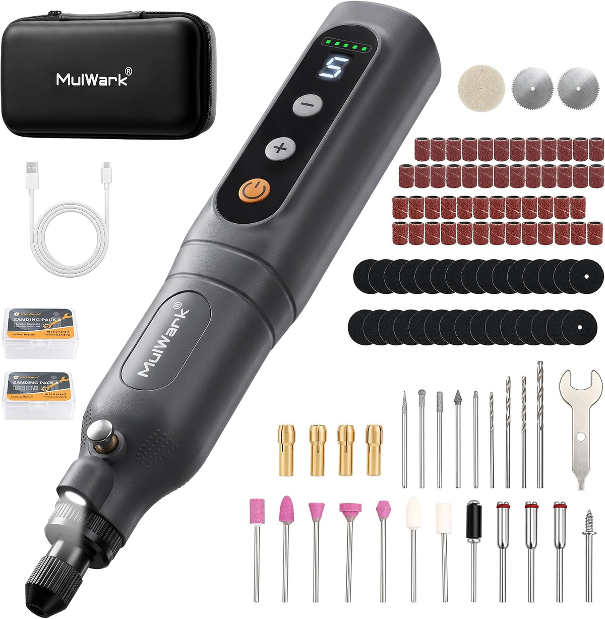 MulWark 113Pcs Rotary Tool Kit 5 Speed LED Display 4V Cordless Rotary Tool