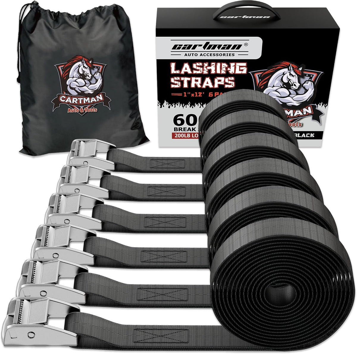 Cartman 1" x 12 ft Lashing Straps, 6 Pack, 600 lb Break Strength, Black