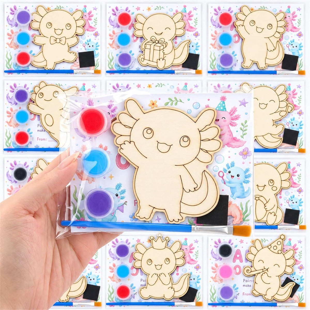 Bafeil 24 Set Axolotl Party Favors, DIY Wooden Painting Axolotl Craft Kit
