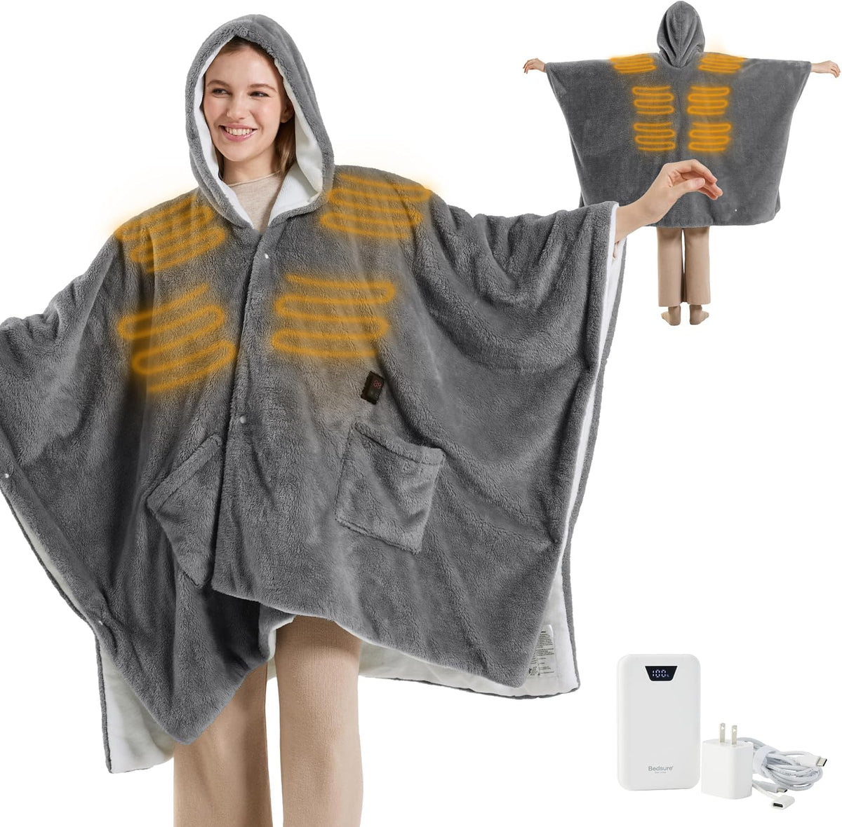 Bedsure Wearable Cordless Heated Blanket Hoodie, Grey Portable Heated Shawl