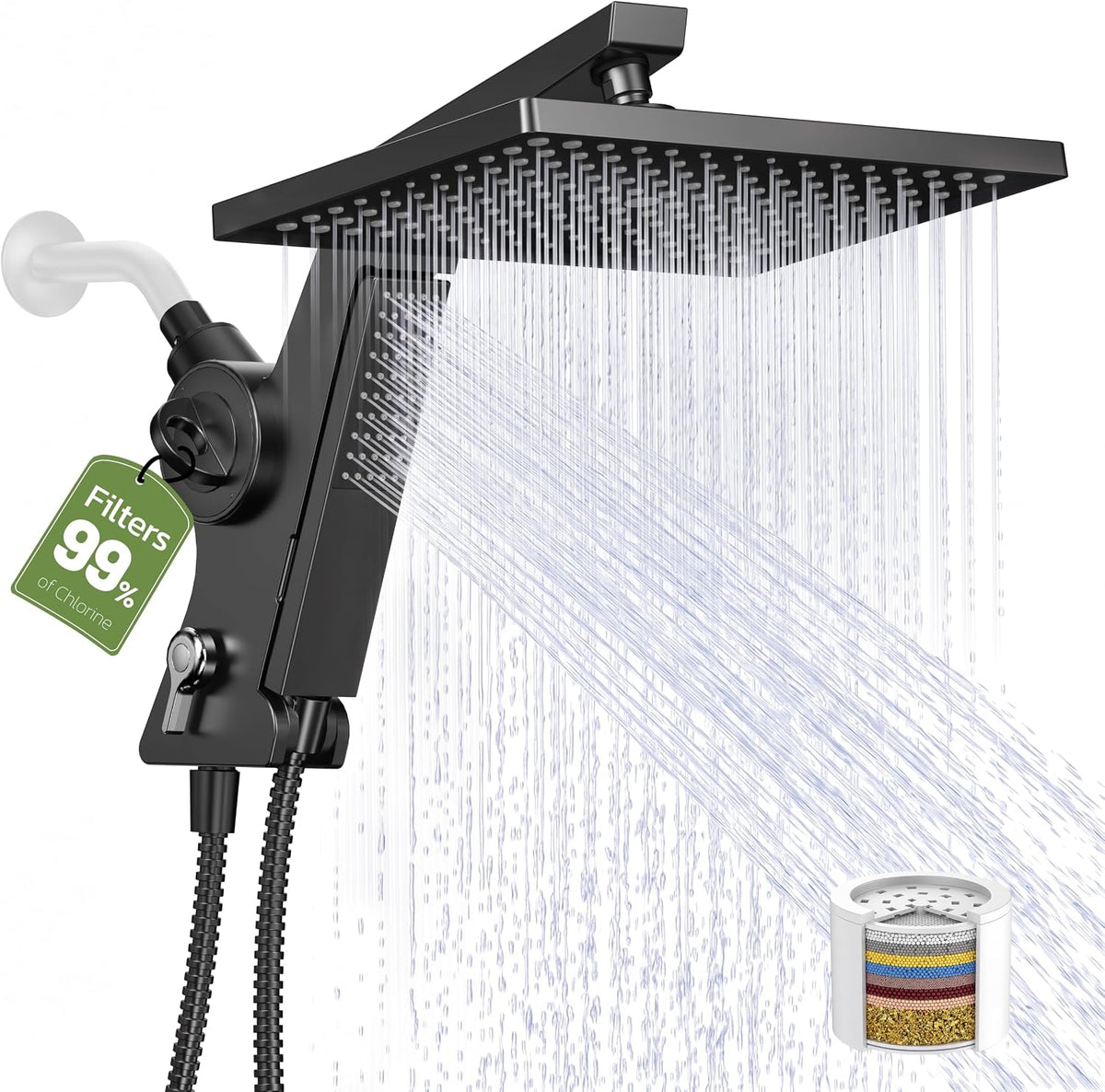 JDO 12-Inch Filtered Rain Shower Head with Handheld Spray Combo Matte Black