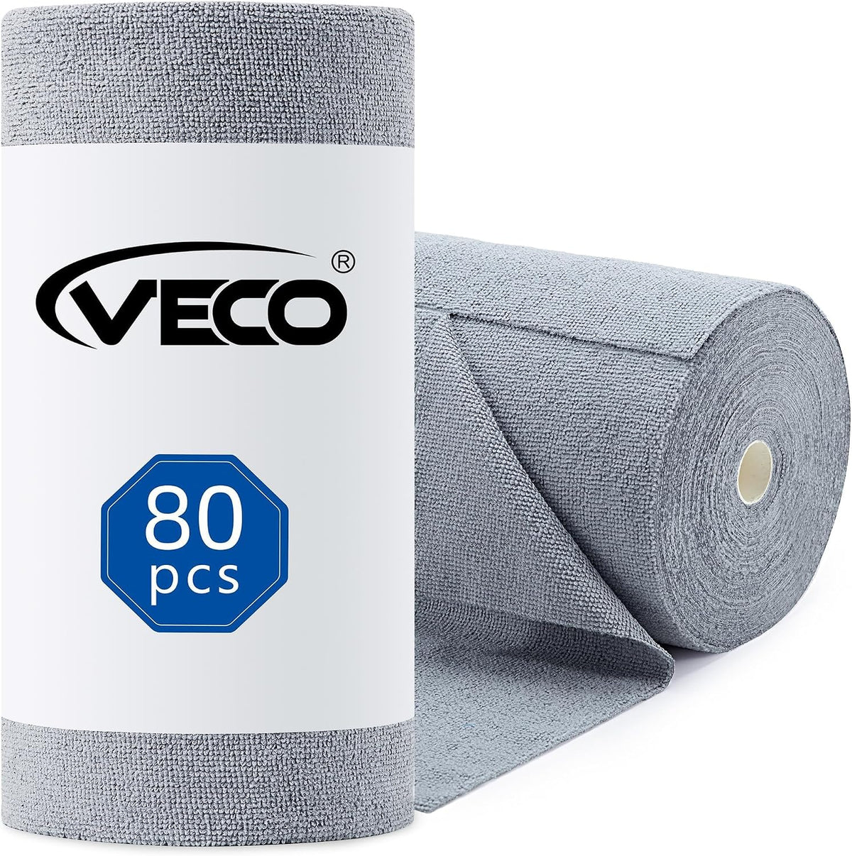Veco Microfiber Cleaning Cloth Roll 80 PCS Gray, 12" x 12" - microfiber cleaning cloth roll 50 pcs